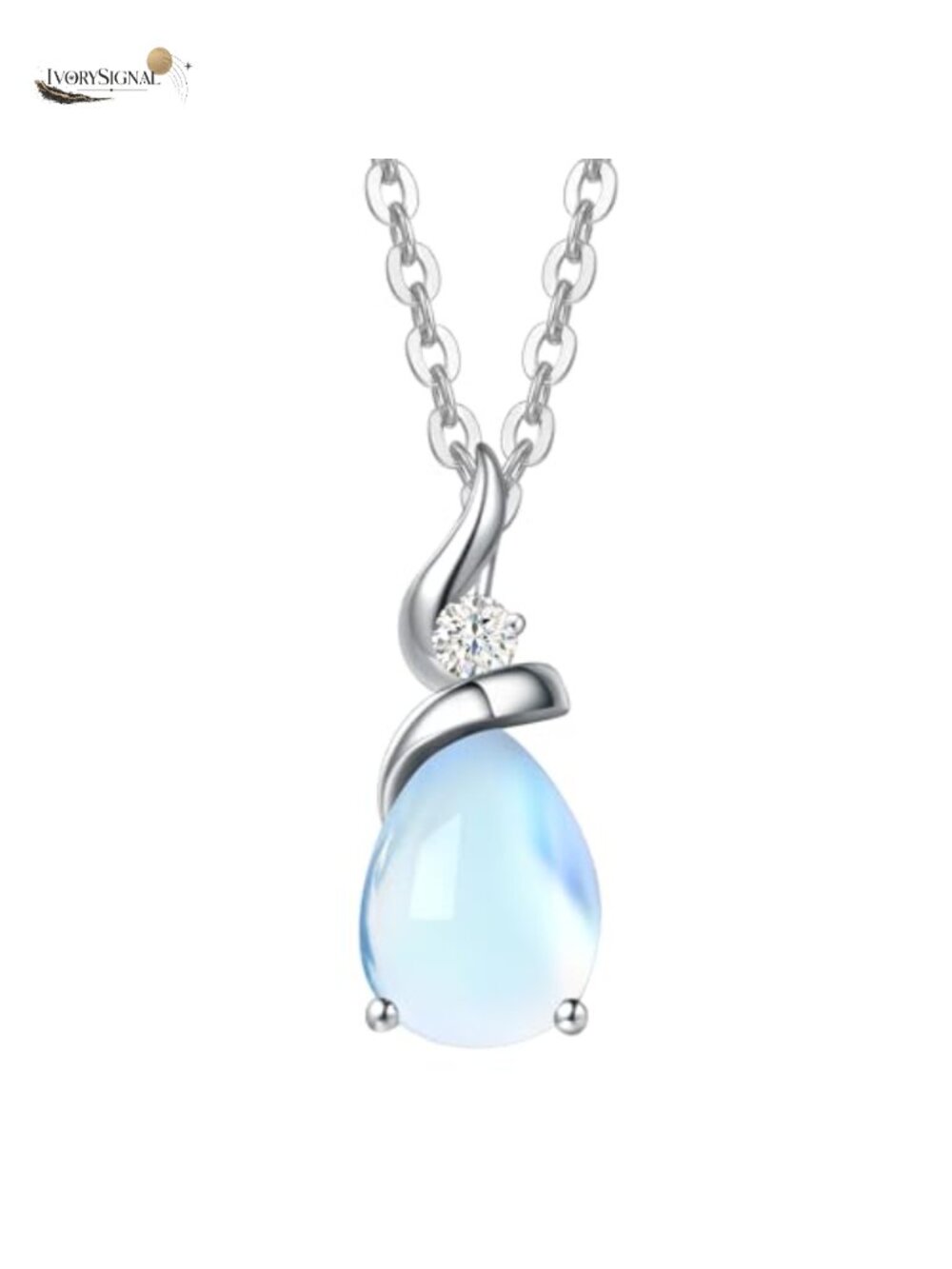 14K Solid White Gold Moonstone Pendant Necklace Pear Teardrop Lab Diamond